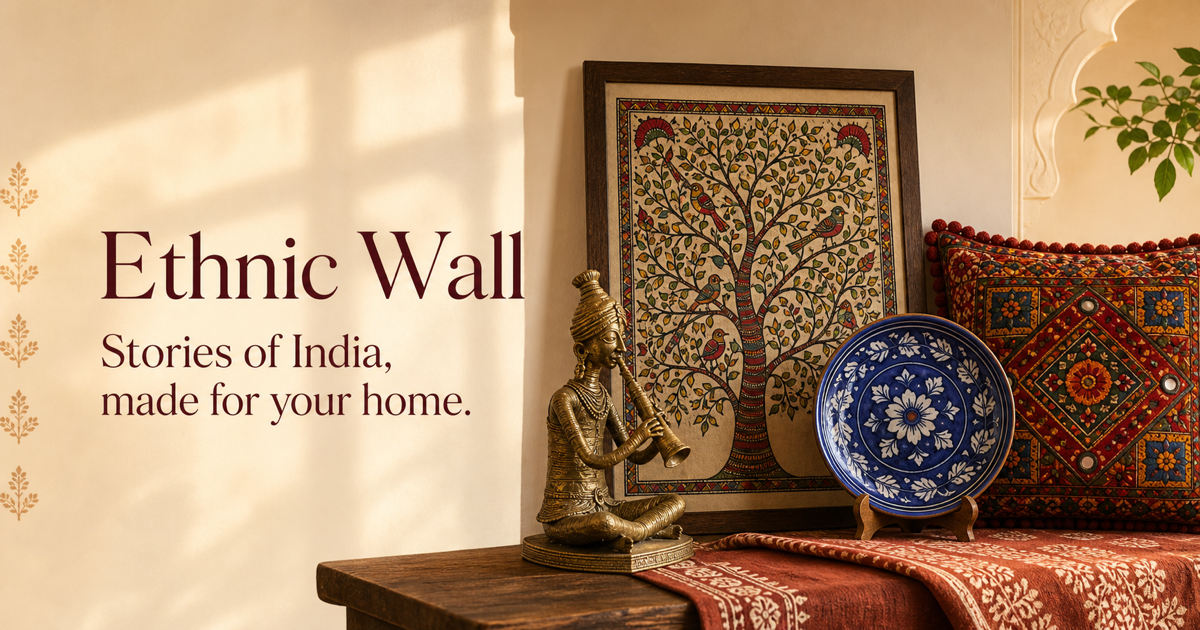 A curated Indian craft interior featuring painting, sculpture and textiles